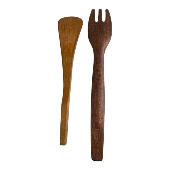 2 Pcs Wooden Spoon Fork Dinnerware Set Long Wood Spoon Fork VTG Set Dessert 12" - Picture 2 of 6